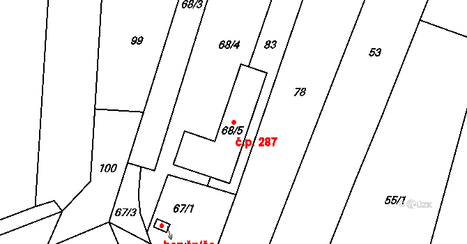 Hlušovice 287 na parcele st. 68/5 v KÚ Hlušovice, Katastrální mapa
