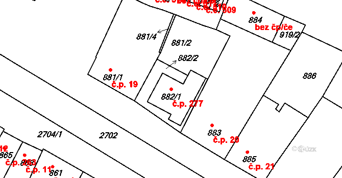 Bučovice 277 na parcele st. 882/1 v KÚ Bučovice, Katastrální mapa