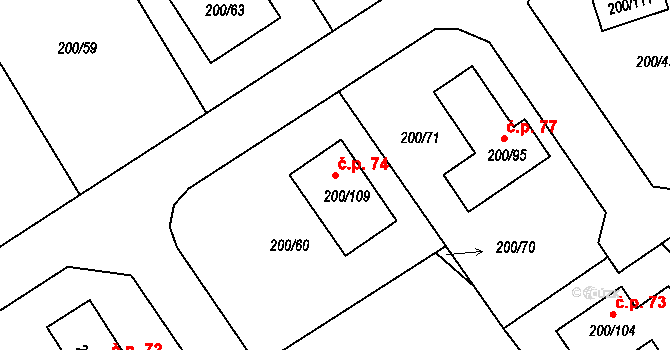 Hrádkov 74, Boskovice na parcele st. 200/109 v KÚ Hrádkov, Katastrální mapa