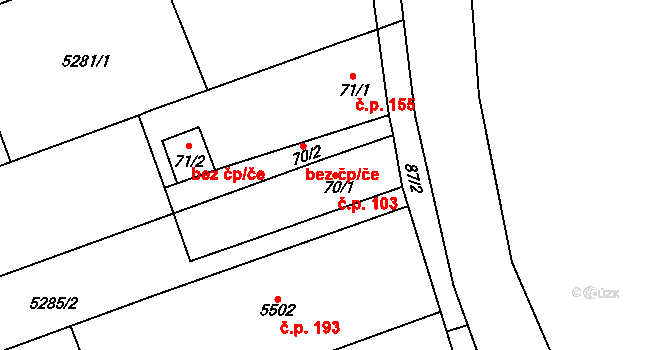 Cvrčovice 103 na parcele st. 70/1 v KÚ Cvrčovice u Pohořelic, Katastrální mapa