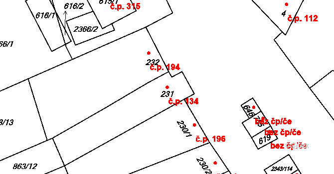 Křepice 134 na parcele st. 231 v KÚ Křepice u Hustopečí, Katastrální mapa