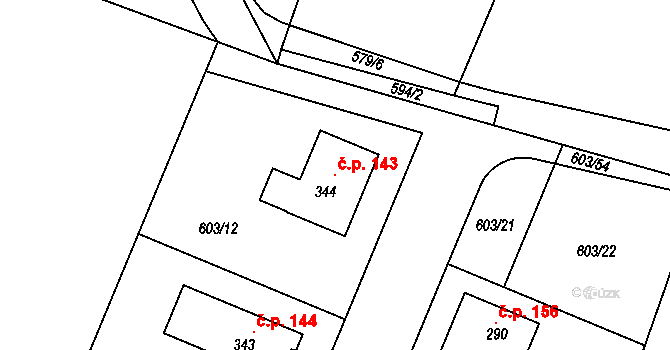 Hrobce 143 na parcele st. 344 v KÚ Hrobce, Katastrální mapa