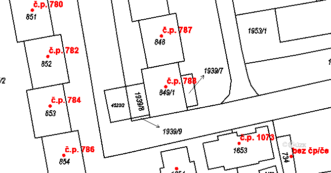 Hrušovany nad Jevišovkou 788 na parcele st. 849/1 v KÚ Hrušovany nad Jevišovkou, Katastrální mapa