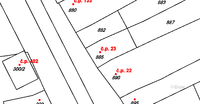Bochoř 23 na parcele st. 885 v KÚ Bochoř, Katastrální mapa
