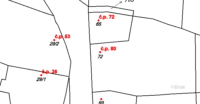 Močovice 80 na parcele st. 72 v KÚ Močovice, Katastrální mapa