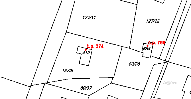 Březová 374, Březová-Oleško na parcele st. 412 v KÚ Březová u Zvole, Katastrální mapa