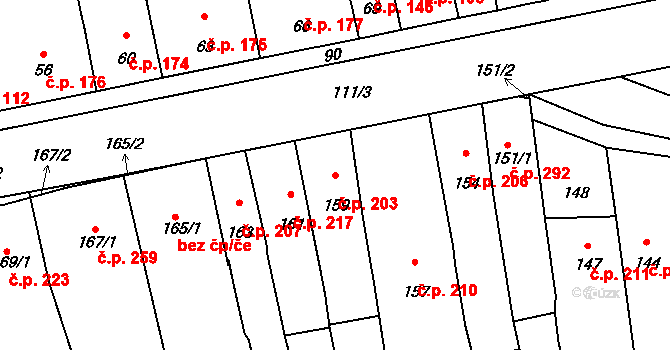 Telnice 203 na parcele st. 159 v KÚ Telnice u Brna, Katastrální mapa