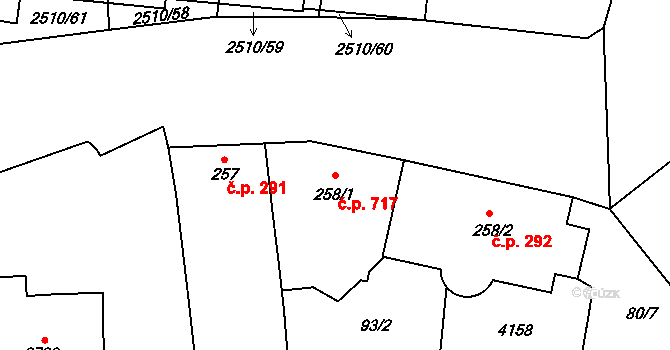 Kyjov 717 na parcele st. 258/1 v KÚ Kyjov, Katastrální mapa