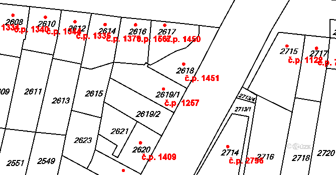 Líšeň 1257, Brno na parcele st. 2619/1 v KÚ Líšeň, Katastrální mapa