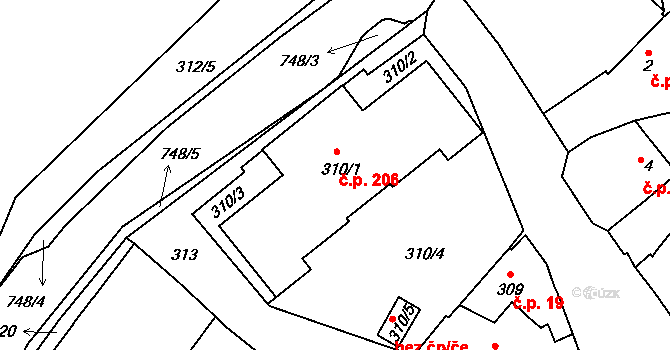 Čelkovice 206, Tábor na parcele st. 310/1 v KÚ Čelkovice, Katastrální mapa