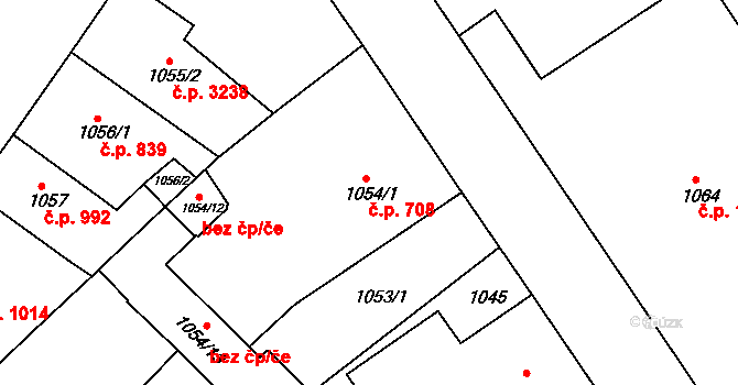 Teplice 708 na parcele st. 1054/1 v KÚ Teplice, Katastrální mapa