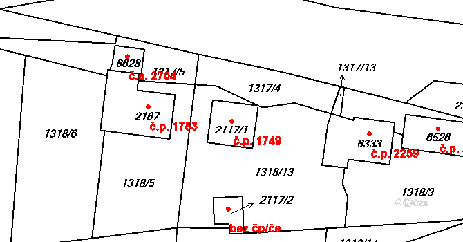 Cheb 1749 na parcele st. 2117/1 v KÚ Cheb, Katastrální mapa