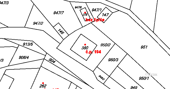 Leskovec 194 na parcele st. 380 v KÚ Leskovec, Katastrální mapa