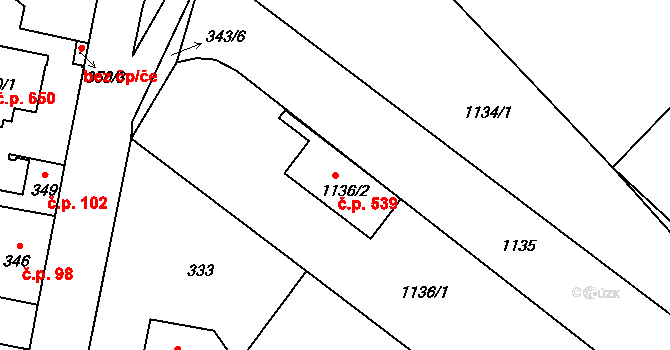 Vinoř 539, Praha na parcele st. 1136/2 v KÚ Vinoř, Katastrální mapa