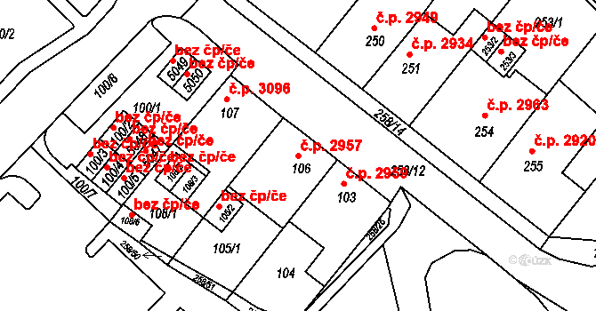 Chomutov 2957 na parcele st. 106 v KÚ Chomutov II, Katastrální mapa