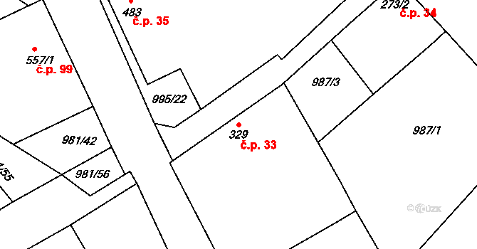 Bělušice 33 na parcele st. 329 v KÚ Bělušice, Katastrální mapa