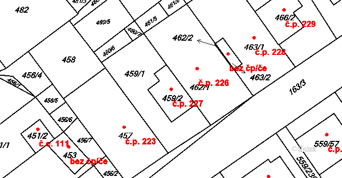 Radostice 227 na parcele st. 459/2 v KÚ Radostice u Brna, Katastrální mapa