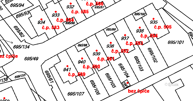Kryry 591 na parcele st. 939 v KÚ Kryry, Katastrální mapa