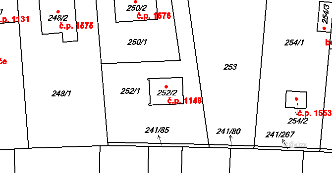 Dubeč 1148, Praha na parcele st. 252/2 v KÚ Dubeč, Katastrální mapa