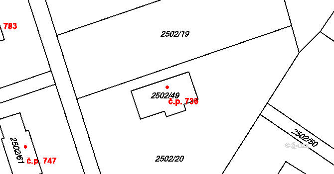 Rapotín 736 na parcele st. 2502/49 v KÚ Rapotín, Katastrální mapa