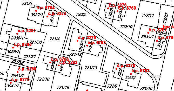 Zlín 6763 na parcele st. 3936/2 v KÚ Zlín, Katastrální mapa