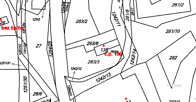 Podkopná Lhota 100 na parcele st. 135 v KÚ Podkopná Lhota, Katastrální mapa