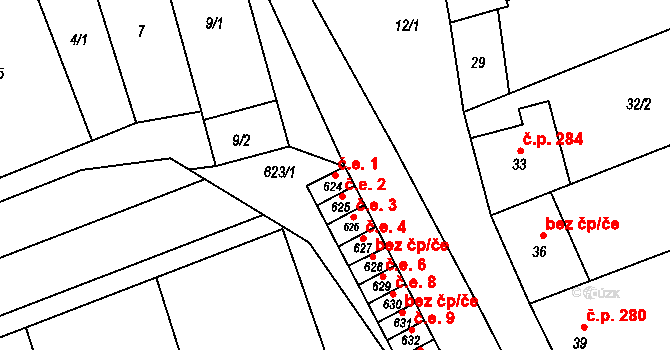 Vážany nad Litavou 1 na parcele st. 624 v KÚ Vážany nad Litavou, Katastrální mapa