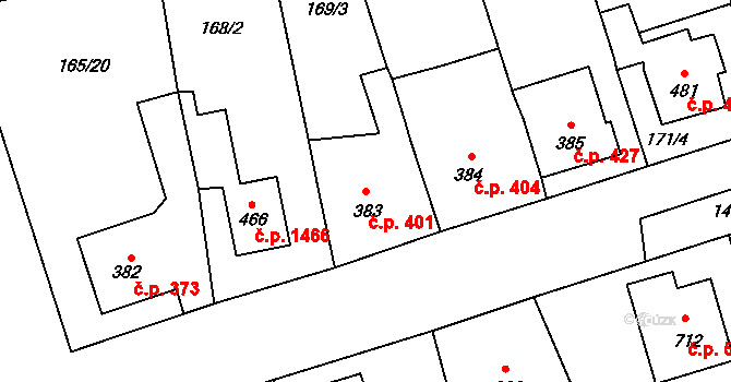 Rudná 401 na parcele st. 383 v KÚ Dušníky u Rudné, Katastrální mapa