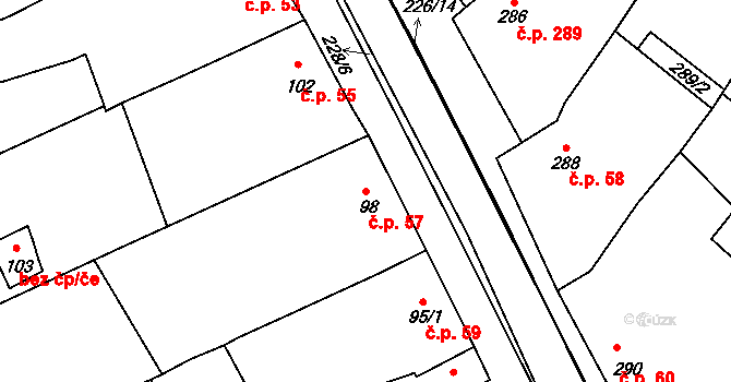 Bulhary 57 na parcele st. 98 v KÚ Bulhary, Katastrální mapa