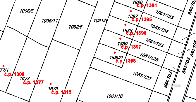 Bystřice pod Hostýnem 1398 na parcele st. 1890/1 v KÚ Bystřice pod Hostýnem, Katastrální mapa