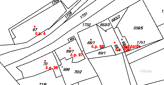 Čunín 98, Konice na parcele st. 68/1 v KÚ Čunín, Katastrální mapa
