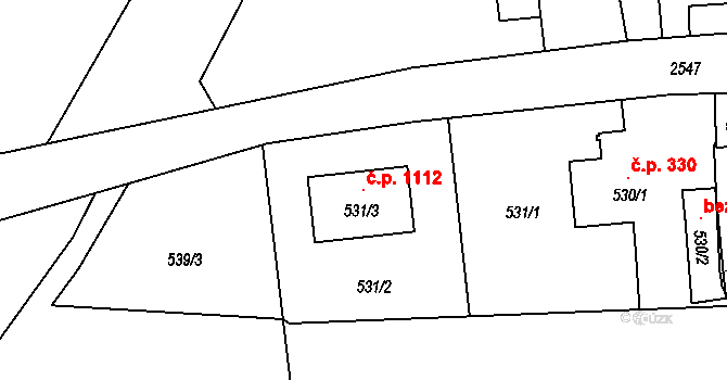 Hrabová 1112, Ostrava na parcele st. 531/3 v KÚ Hrabová, Katastrální mapa