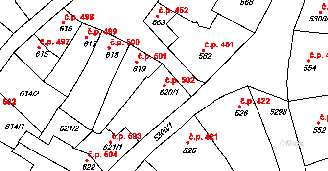 Znojmo 502 na parcele st. 620/1 v KÚ Znojmo-město, Katastrální mapa