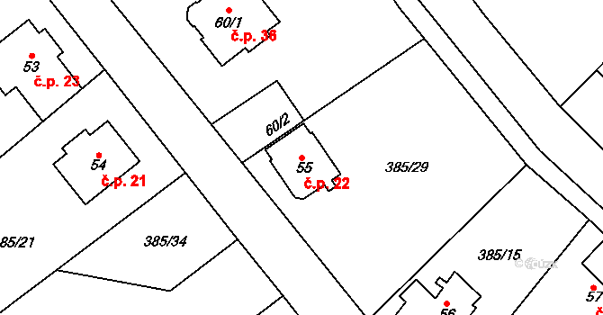 Řež 22, Husinec na parcele st. 55 v KÚ Husinec u Řeže, Katastrální mapa