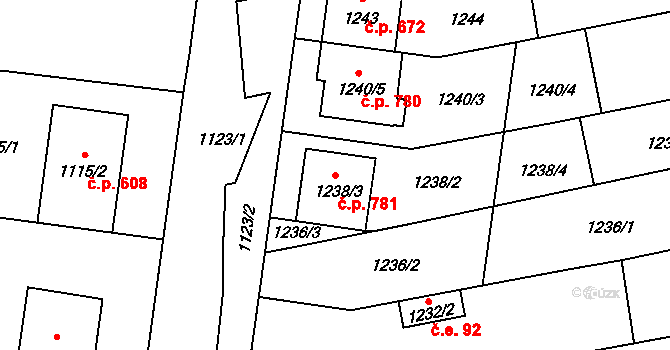 Velká nad Veličkou 781 na parcele st. 1238/3 v KÚ Velká nad Veličkou, Katastrální mapa