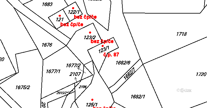 Hrádek 87 na parcele st. 123/1 v KÚ Hrádek, Katastrální mapa