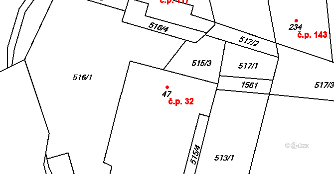 Rychaltice 32, Hukvaldy na parcele st. 47 v KÚ Rychaltice, Katastrální mapa