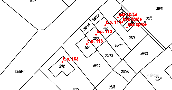 Branná 113, Třeboň na parcele st. 201 v KÚ Branná, Katastrální mapa