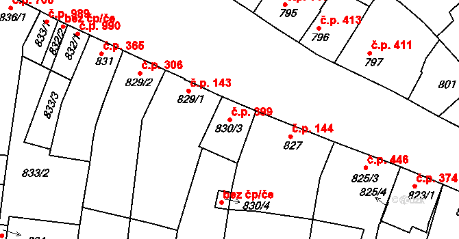 Hulín 399 na parcele st. 830/3 v KÚ Hulín, Katastrální mapa