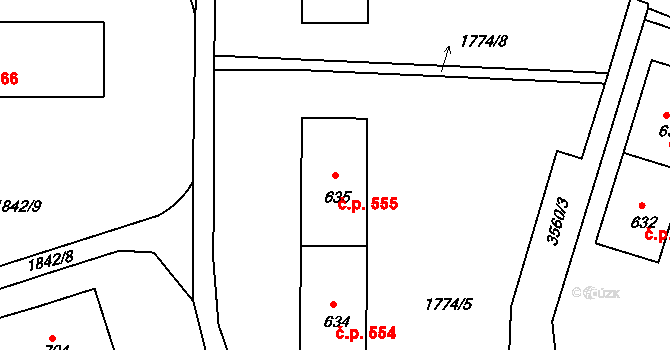 Krupka 555 na parcele st. 635 v KÚ Krupka, Katastrální mapa