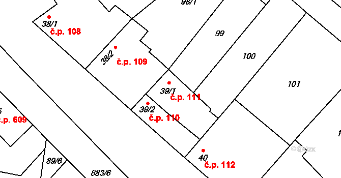 Hrotovice 111 na parcele st. 39/1 v KÚ Hrotovice, Katastrální mapa
