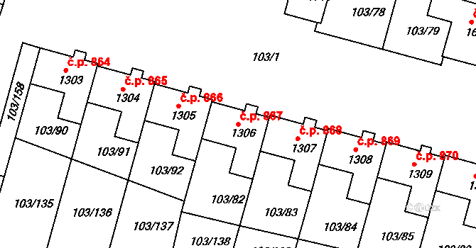 Podklášteří 867, Třebíč na parcele st. 1306 v KÚ Podklášteří, Katastrální mapa
