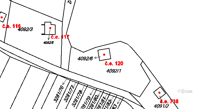 Líšeň 120, Brno na parcele st. 4092/6 v KÚ Líšeň, Katastrální mapa