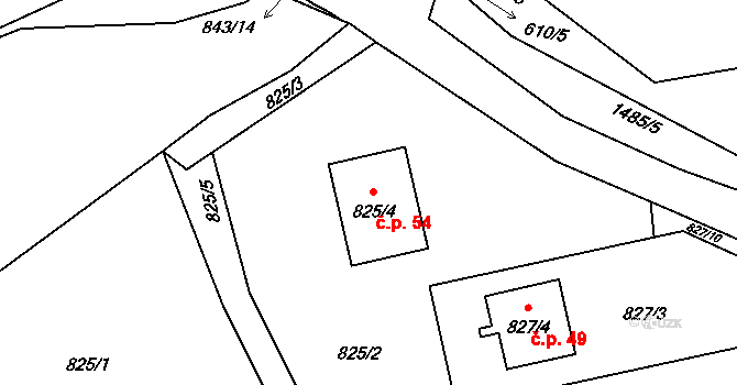 Černý Dub 54, Homole na parcele st. 825/4 v KÚ Homole, Katastrální mapa