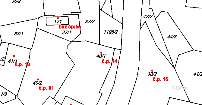 Budíkov 14 na parcele st. 40/1 v KÚ Budíkov, Katastrální mapa