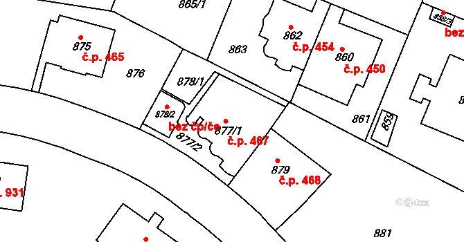 Košíře 467, Praha na parcele st. 877/1 v KÚ Košíře, Katastrální mapa