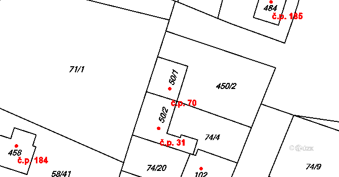 Roudnička 70, Hradec Králové na parcele st. 50/1 v KÚ Roudnička, Katastrální mapa