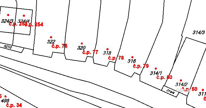 Kovalovice 78 na parcele st. 318 v KÚ Kovalovice, Katastrální mapa