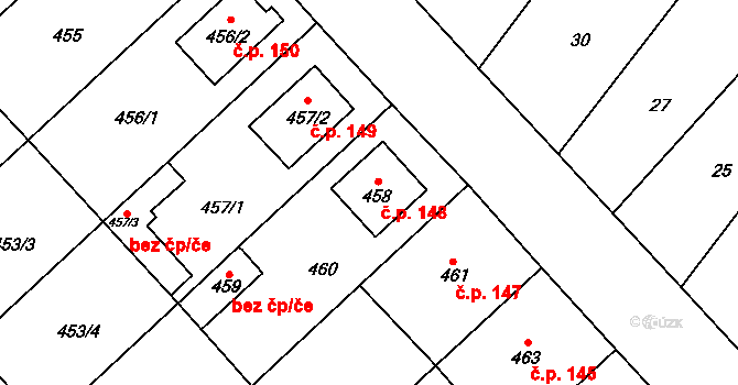 Čučice 148 na parcele st. 458 v KÚ Čučice, Katastrální mapa