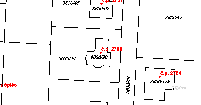 Louny 2758 na parcele st. 3630/90 v KÚ Louny, Katastrální mapa
